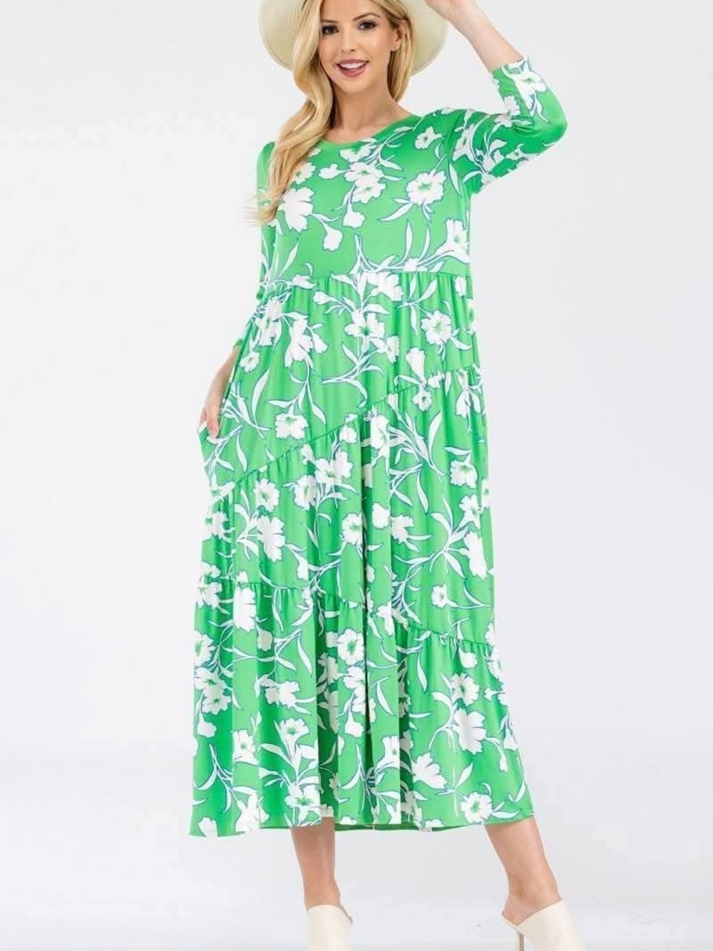 Celeste Green and White Floral Tiered Maxi Dress